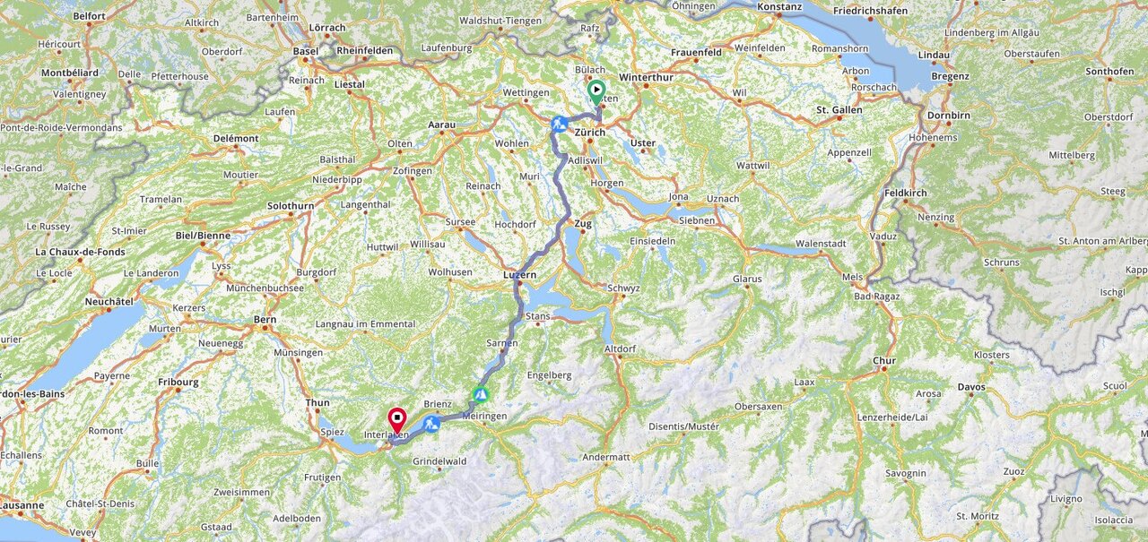 Landkarte mit markierter Autoroute vom Zürich Flughafen bis Schwizi's